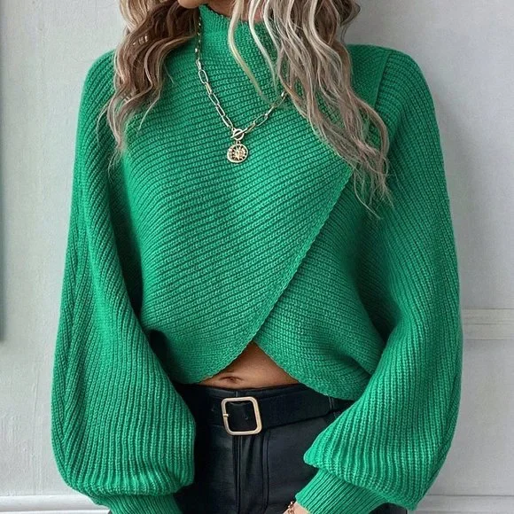 Green Preppy Womens Mock Neck Wrap Hem Batwing Sleeve Crop Sweater - Picture 6 of 6